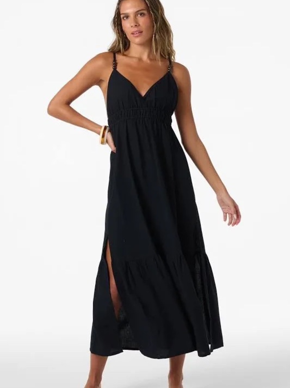 O'Neill Black Midi Dress with Beaded Straps V-Neck Boho